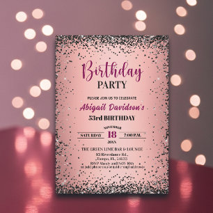 Convites Elegante Brilho Preto Metálico Rosa Aniversário de