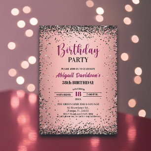 Convites Elegante Brilho Preto Metálico Rosa Aniversário de