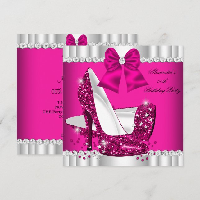Convites Elegante Brilho Rosa Branco Glamour Salto Alto (Frente/Verso)