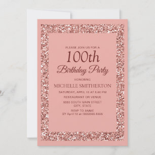 Convites Elegante Brilho Rosa Brilhos Aniversário de 100 an