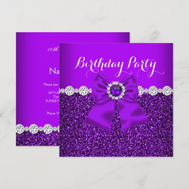 Convites Elegante Brilho Roxo Pérolas Diamantes Laço Aniver (Frente/Verso)