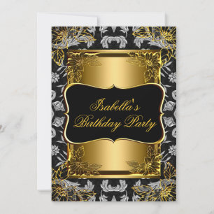 Convites Elegante Brocado Damasco Preto Dourado Festa de An
