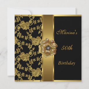 Convites Elegante Brocado Floral Preto Dourado 50º Aniversá