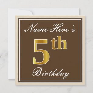 Convites Elegante, Brown, Faux Dourada 5 Birthday + Nome