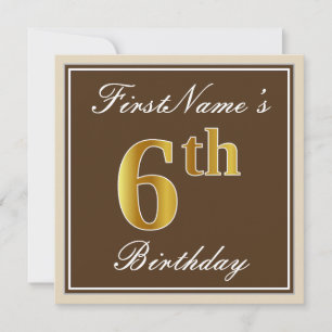 Convites Elegante, Brown, Faux Dourada 6 Birthday + Nome