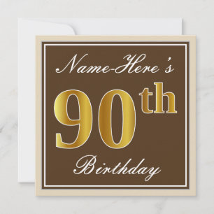 Convites Elegante, Brown, Faux Dourada 90 Birthday + Nome