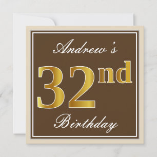 Convites Elegante, Brown, Faux Dourado 32º Aniversário + 