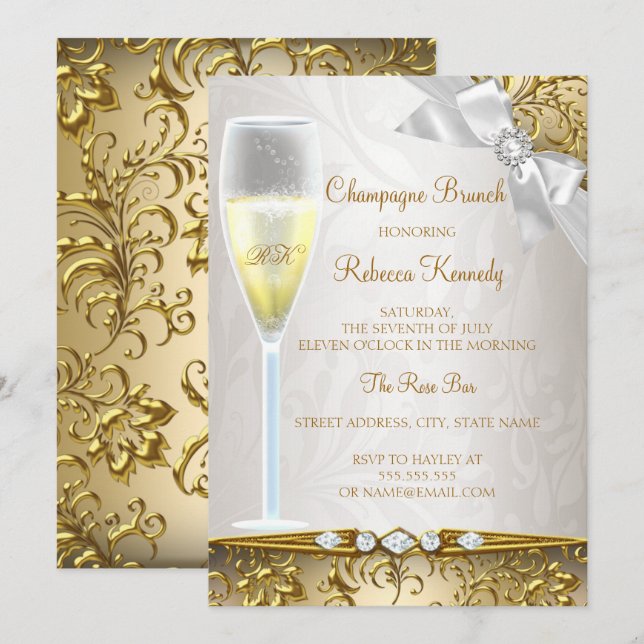Convites Elegante Brunch de Champanhe Bege Branco Dourado (Frente/Verso)