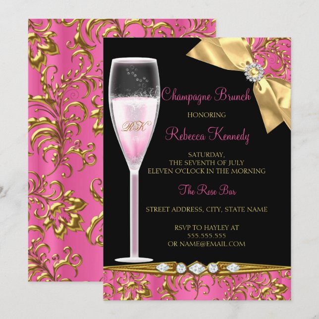 Convites Elegante Brunch de Champanhe Rosa Preto Dourado Da (Frente/Verso)