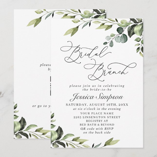 Convites Elegante Brunch de Noiva com Aquarela de Eucalipto (Frente/Verso)