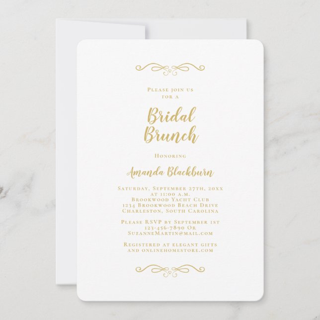 Convites Elegante Brunch de Noiva com Caligrafia Dourada (Frente)