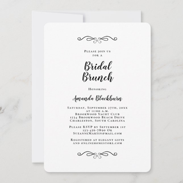 Convites Elegante Brunch de Noiva com Caligrafia Preta (Frente)