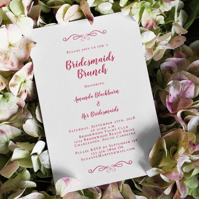 Convites Elegante Brunch de Noiva Damas de Honra Magenta Ve (Elegant Bridal Brunch Bridesmaids Magenta Red Chic Invitation)