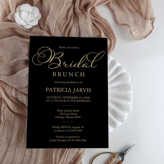 Convites Elegante Brunch de Noiva em Preto e Dourado (Criador carregado)