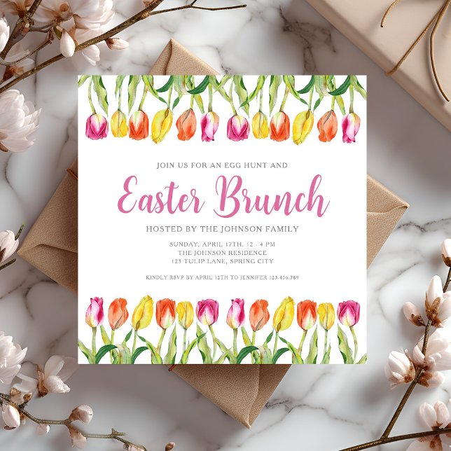 Convites Elegante Brunch de Páscoa com Tulipas Florais Rosa (Elegant Pink Floral Tulip Easter Brunch Invitation)