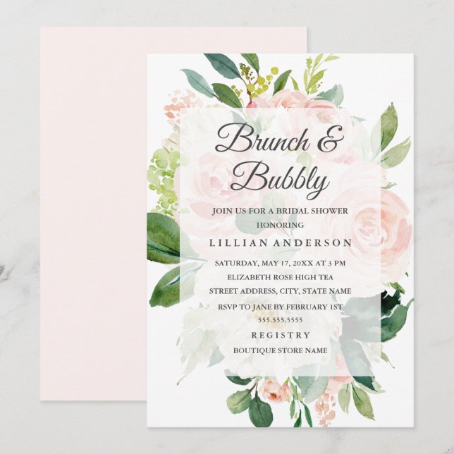 Convites Elegante Brunch e Bubbly com Flor de Pêssego Macio (Frente/Verso)