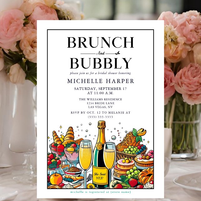 Convites Elegante Brunch e Chá de panela Bubble (Brunch and Bubbly Bridal Shower Invitation.)
