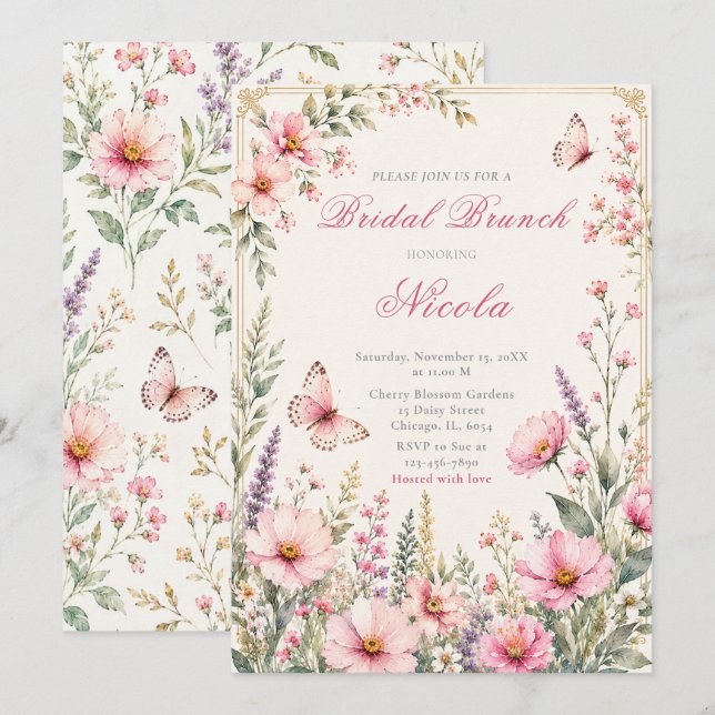 Convites Elegante Brunch Floral de Borboleta (Frente/Verso)