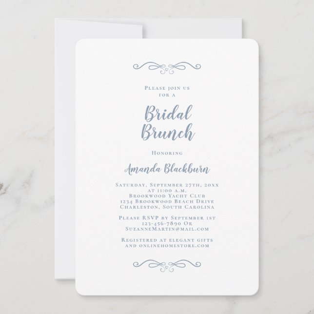 Convites Elegante Brunch Nupcial Azul Empoeirado (Frente)
