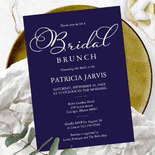 Convites Elegante Brunch Nupcial Azul Marinho Branco Script