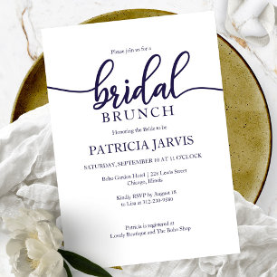 Convites Elegante Brunch Nupcial com Caligrafia Azul e Bran
