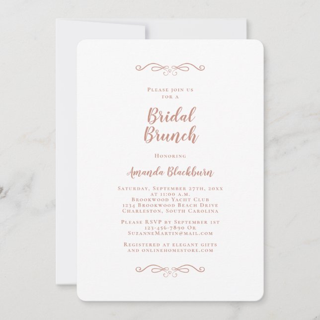 Convites Elegante Brunch Nupcial com Caligrafia Rosa em Dou (Frente)