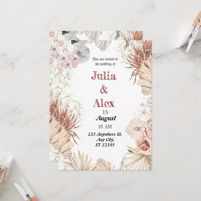 Convites Elegante Buquê Boho de Aquarela Tropical Bege (Frente/Verso In Situ)