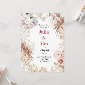 Convites Elegante Buquê Boho de Aquarela Tropical Bege