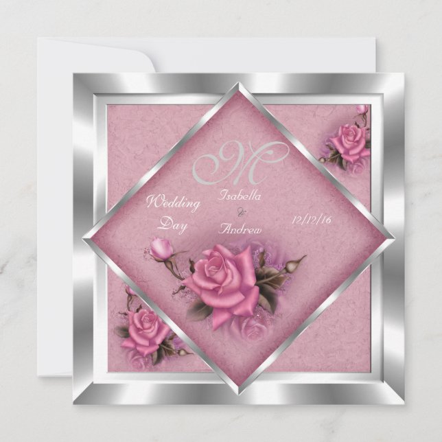 Convites Elegante Buquê de Noiva Rosa Pink Prata (Frente)