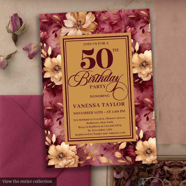 Convites Elegante burgundy blush gold rosa 50º aniversário (Elegant burgundy blush gold roses 50th birthday invite

)
