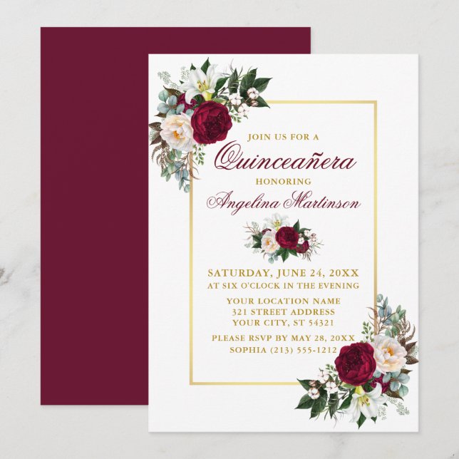 Convites Elegante Burgundy Calor Dourado Quinceanera (Frente/Verso)