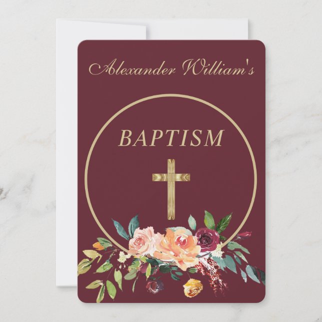 Convites Elegante Burgundy Dourada Floral Baby Christening (Frente)