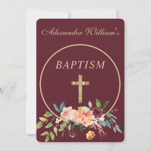 Convites Elegante Burgundy Dourada Floral Baby Christening