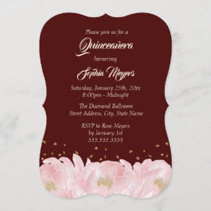 Convites Elegante Burgundy Dourada Peony Quinceanera