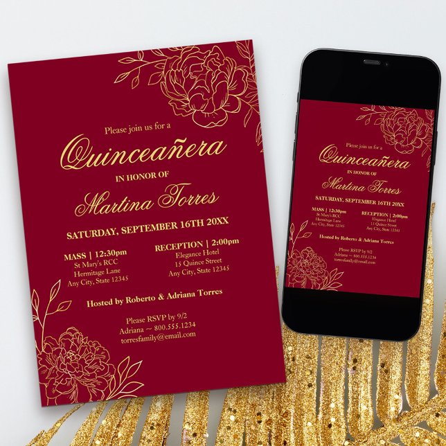 Convites Elegante Burgundy Dourada Sketch Floral Quinceaner (Red and Gold Quinceanera Invitation with church ceremony, from my Gold Sketched Floral collection
)