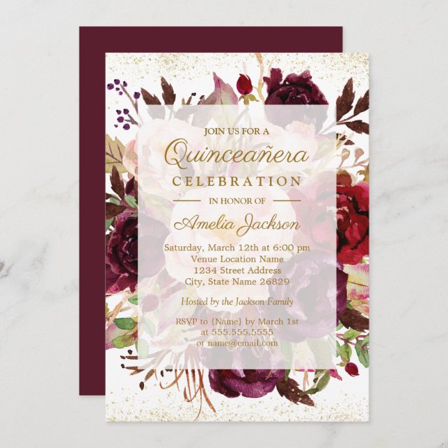 Convites Elegante Burgundy Dourado Bloom Quinceanera Aniver (Frente/Verso)