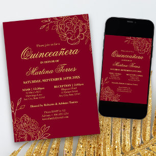 Convites Elegante Burgundy Dourado Floral Quinceanera