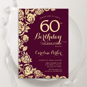 Convites Elegante Burgundy Dourado Rosas 60º Aniversário