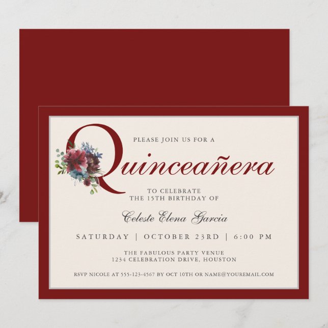 Convites Elegante Burgundy e Blue Floral Quinceanera (Frente/Verso)