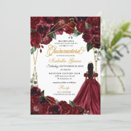 Convites Elegante Burgundy e Dourada Quinceanera Floral