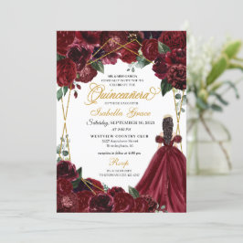 Convites Elegante Burgundy e Dourada Quinceanera Floral