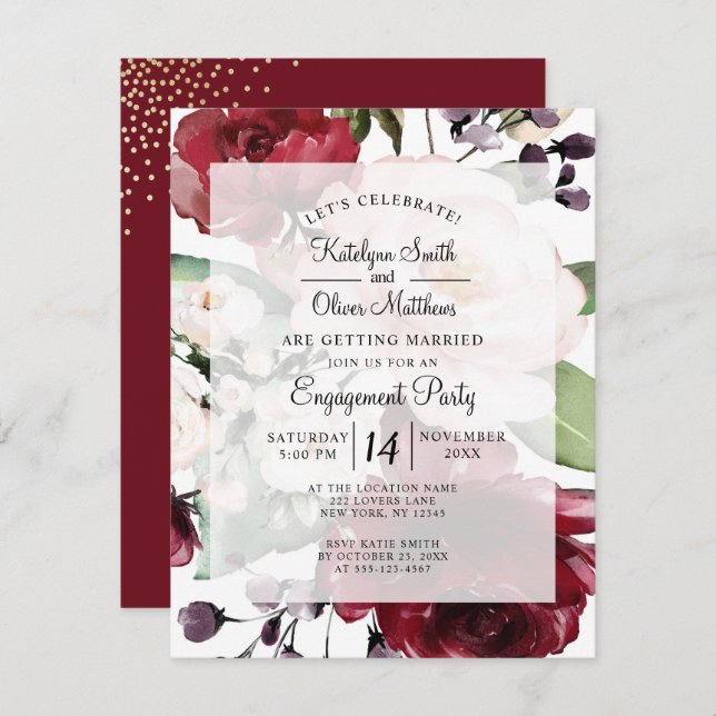 Convites Elegante Burgundy Festa de noivado Floral de Ouro (Frente/Verso)