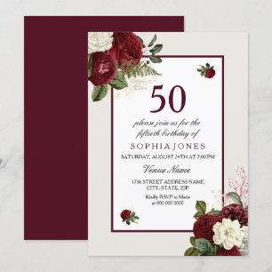 Convites Elegante Burgundy Floral 50ª Festa de aniversário