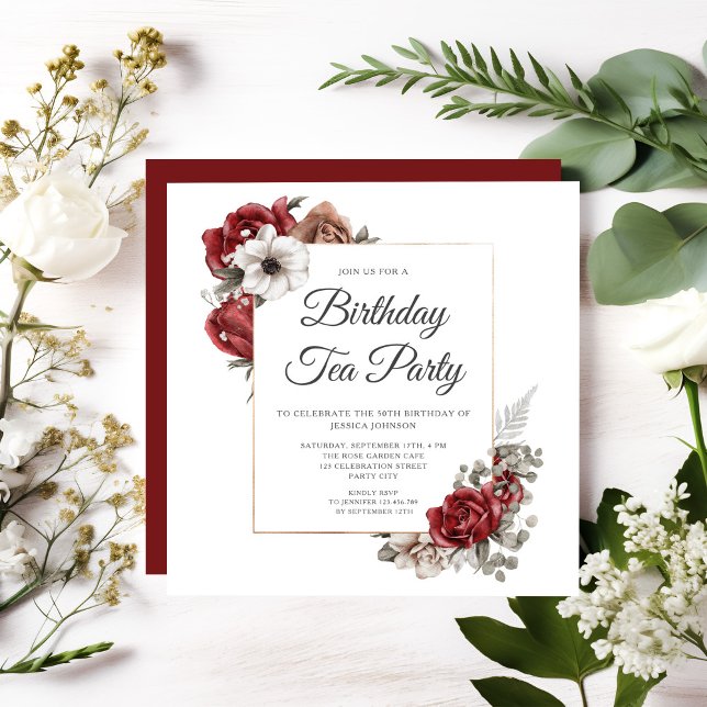 Convites Elegante Burgundy Floral 50º aniversário do Tea Pa (Floral Red Rose Gold Birthday Tea Party Invitation)