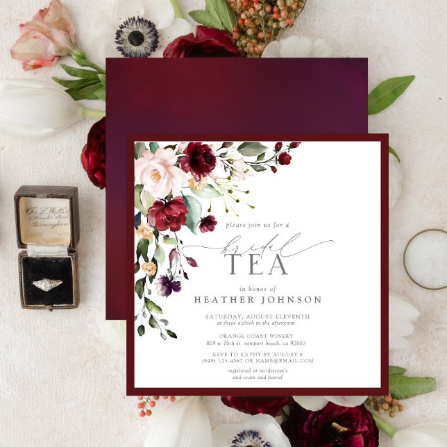 Convites Elegante Burgundy Floral Bridal Tea Chá (Criador carregado)