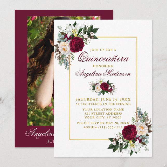 Convites Elegante Burgundy Floral Greenery Quinceanera Foto (Frente/Verso)