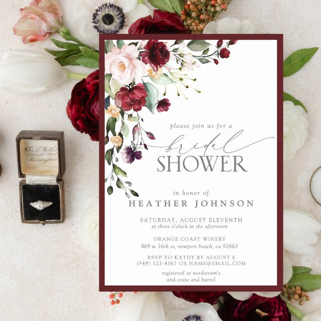 Convites Elegante Burgundy Floral Watercolor Chá de panela (Easily personalize this beautiful fall bridal shower invitation for a very special event)