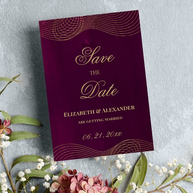 Convites Elegante burgundy gold geométrico Salvar a Data (Elegant burgundy gold geometric Save the Date )