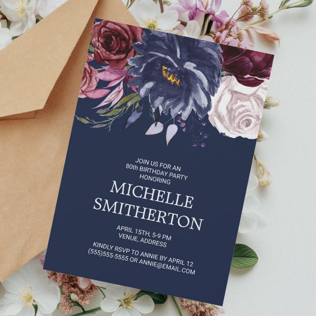 Convites Elegante Burgundy Marinho Azul Floral 80 Aniversár (Purple, navy blue, and white floral birthday invitation)