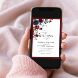 Convites Elegante Burgundy Marinho Azul Floral Watercolor F